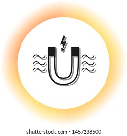 Magnet with magnetic force indication. Dark icon with shadow on the glowing circle button. Illustration.