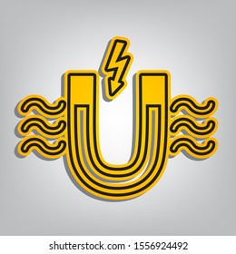Magnet with magnetic force indication. Flat orange icon with overlapping linear black icon with gray shadow at whitish background. Illustration.