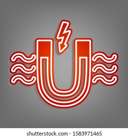 Magnet with magnetic force indication. Flat red icon with linear white icon with gray shadow at grayish background. Illustration.