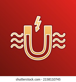 Magnet with magnetic force indication. Golden gradient Icon with contours on redish Background. Illustration.