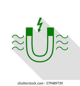 Magnet with magnetic force indication. Green icon with flat style shadow path.