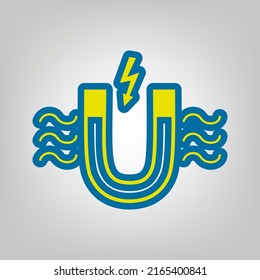 Magnet with magnetic force indication. Icon in colors of Ukraine flag (yellow, blue) at gray Background. Illustration.