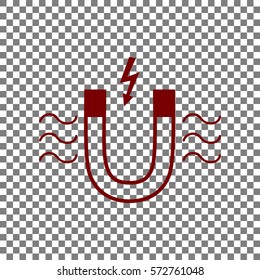Magnet with magnetic force indication. Maroon icon on transparent background.