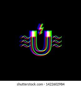 Magnet with magnetic force indication. Red, green and blue unfocused contour icon at black background. Illustration.