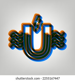 Magnet with magnetic force indication. Stroked Icon in orange, azure and old lavender Colors at gray Background. Illustration.