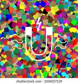 Magnet with magnetic force indication. Vector. White icon on colorful background with seamless pattern from squares.
