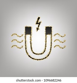 Magnet with magnetic force indication. Vector. Blackish icon with golden stars at grayish background.