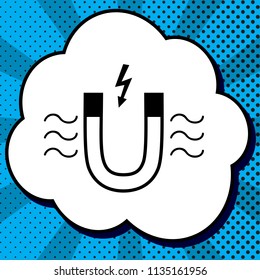 Magnet with magnetic force indication. Vector. Black icon in bubble on blue pop-art background with rays.