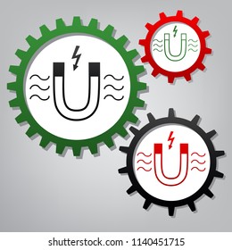 Magnet with magnetic force indication. Vector. Three connected gears with icons at grayish background.