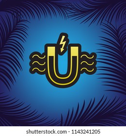 Magnet with magnetic force indication. Vector. Golden icon with black contour at blue background with branches of palm trees.