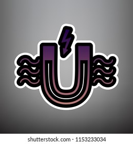 Magnet with magnetic force indication. Vector. Violet gradient icon with black and white linear edges at gray background.