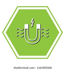 Magnet with magnetic force indication. Vector. White icon with black shadow at yellow green honeycomb on white background.