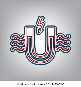 Magnet with magnetic force indication. Vector. Dark red, transparent and midnight green stroke of white icon at grayish background.