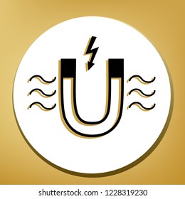 Magnet with magnetic force indication. Vector. Black icon with light brown shadow in white circle with shaped ring at golden background.