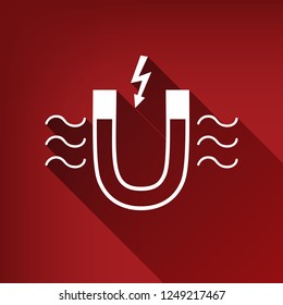Magnet with magnetic force indication. Vector. White icon with limitless shadow at ruby red background.