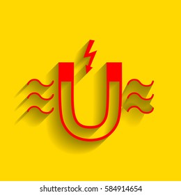 Magnet with magnetic force indication. Vector. Red icon with soft shadow on golden background.