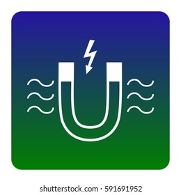 Magnet with magnetic force indication. Vector. White icon at green-blue gradient square with rounded corners on white background. Isolated.