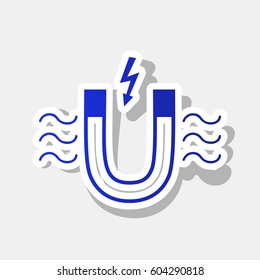 Magnet with magnetic force indication. Vector. New year bluish icon with outside stroke and gray shadow on light gray background.