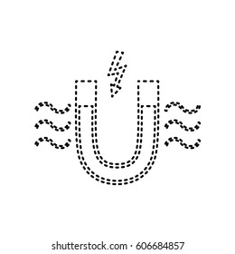 Magnet with magnetic force indication. Vector. Black dashed icon on white background. Isolated.