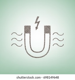 Magnet with magnetic force indication. Vector. Brown flax icon on green background with light spot at the center.