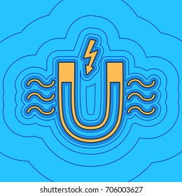 Magnet with magnetic force indication. Vector. Sand color icon with black contour and equidistant blue contours like field at sky blue background. Like waves on map - island in ocean or sea.