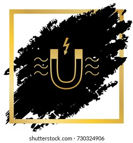 Magnet with magnetic force indication. Vector. Golden icon at black spot inside golden frame on white background.