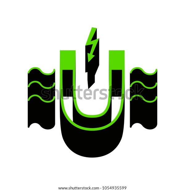 Magnet with magnetic\
force indication. Vector. Green 3d icon with black side on white\
background. Isolated.
