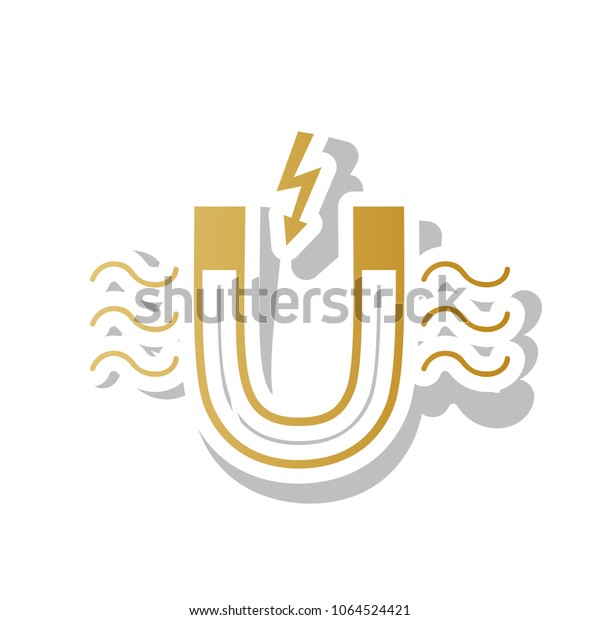 Magnet with magnetic force indication.\
Vector. Golden gradient icon with white contour and rotated gray\
shadow at white\
background.