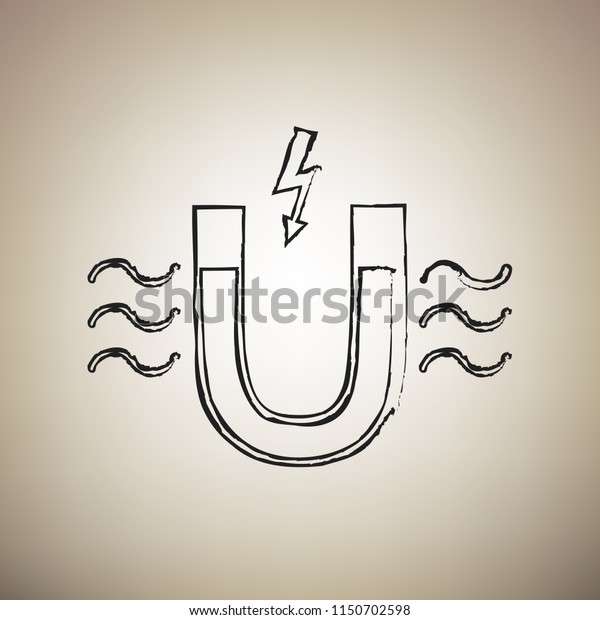 Magnet with magnetic force\
indication. Vector. Brush drawed black icon at light brown\
background.