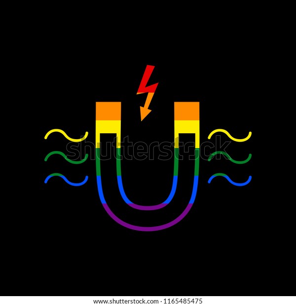 Magnet with magnetic force\
indication. Vector. Icon with colors of LGBT flag at black\
background.