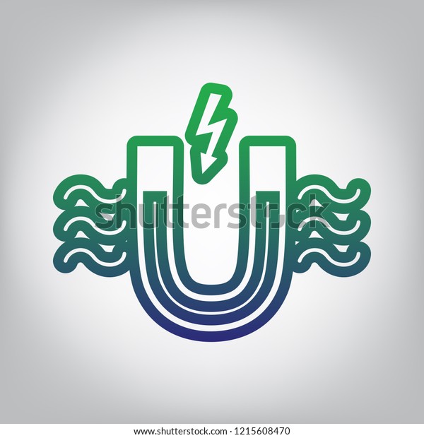 Magnet with magnetic force indication. Vector.\
Green to blue gradient contour icon at grayish background with\
light in center.