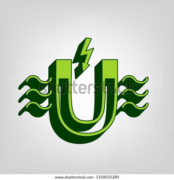 Magnet with magnetic force indication.\
Vector. Yellow green solid icon with dark green external body at\
light colored\
background.