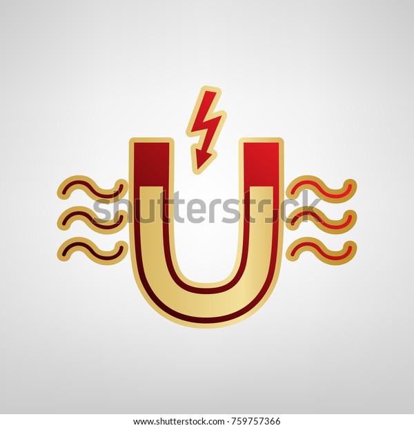 Magnet with magnetic force\
indication. Vector. Red icon on gold sticker at light gray\
background.