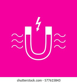 Magnet with magnetic force indication. White icon at magenta background.