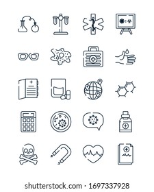 Magnet With Medical And Chemestry Icon Set Over White Background, Line Style, Vector Illustration