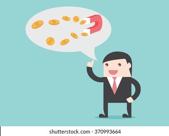 Magnet money businessman idea. Flat design for business financial marketing banking advertisement office people property in minimal concept cartoon illustration.