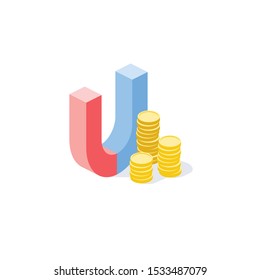 Magnet money coins. Vector 3d isometric, color web icon, new flat style. Creative illustration design, idea for infographics.