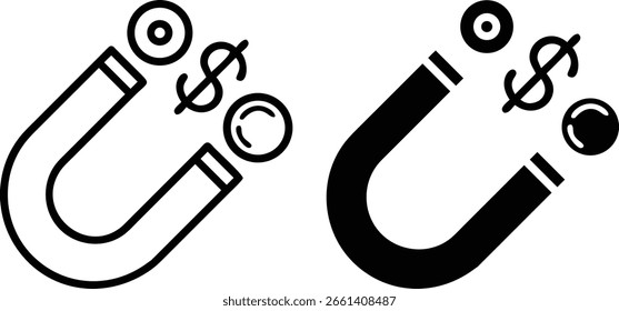Magnet Money Icon Vector, Black White Dollar Attraction Symbol, Finance Marketing Illustration