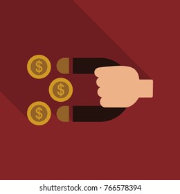 magnet with money items in flat style with long shadow