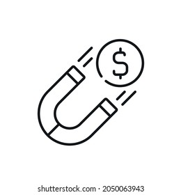 Magnet for money linear icon. Profitable business thin line customizable illustration. Vector isolated outline drawing. Editable stroke