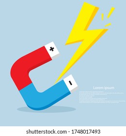 Magnet on blue background with bolts. Modern Flat Style. Vector Illustration 