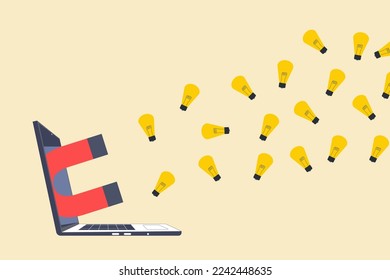 Magnet out from laptop to magnetize lightbulb lamp ideas. concept of new ideas, creativity, innovation and opportunity