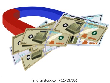 The magnet is painted in blue and red to indicate polarity and banknotes.