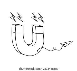 Magnet with paper plane as line drawing on white background. Vector