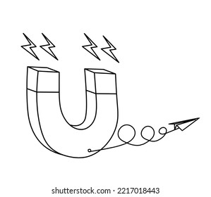 Magnet with paper plane as line drawing on white background. Vector