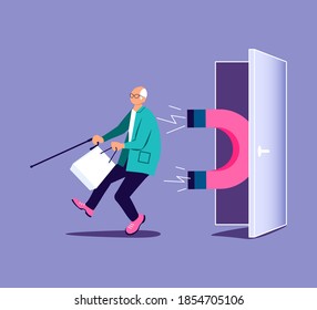 Magnet power attracts potential product elderly man buyer to shop. Concept of Influencer marketing, attraction customers. Isolated on purple.  Flat Art Vector Illustration