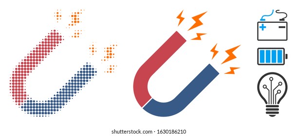 Magnet power halftone vector icon and solid version. Illustration style is dotted iconic Magnet power icon symbol on a white background. Halftone pattern is round spots. Some bonus icons.