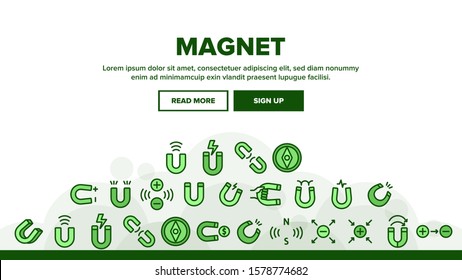 Magnet Power Landing Web Page Header Banner Template Vector. Negative And Positive, Magnetic Power, Steel Magnet And Compass Illustration