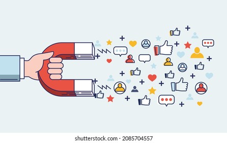 Magnet pulling followers, comments and likes. Positive feedback in social media concept. Social networks influencing and marketing concept. Vector illustration.