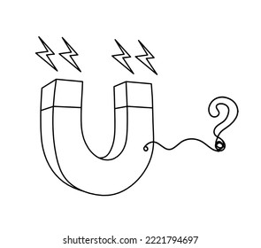Imán con signo de interrogación como dibujo de línea sobre fondo blanco. Vector